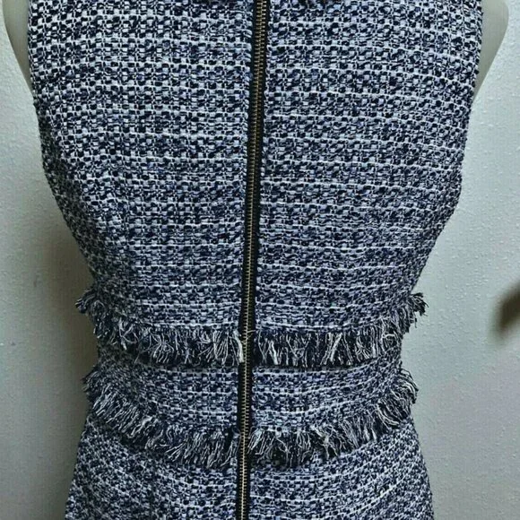 SAIL TO SABLE-NAVY/CREAM TWEED-SHIFT DRESS-FRINGE TRIM-LINED-BACK ZIPPER-SIZE 6 - Picture 8 of 8